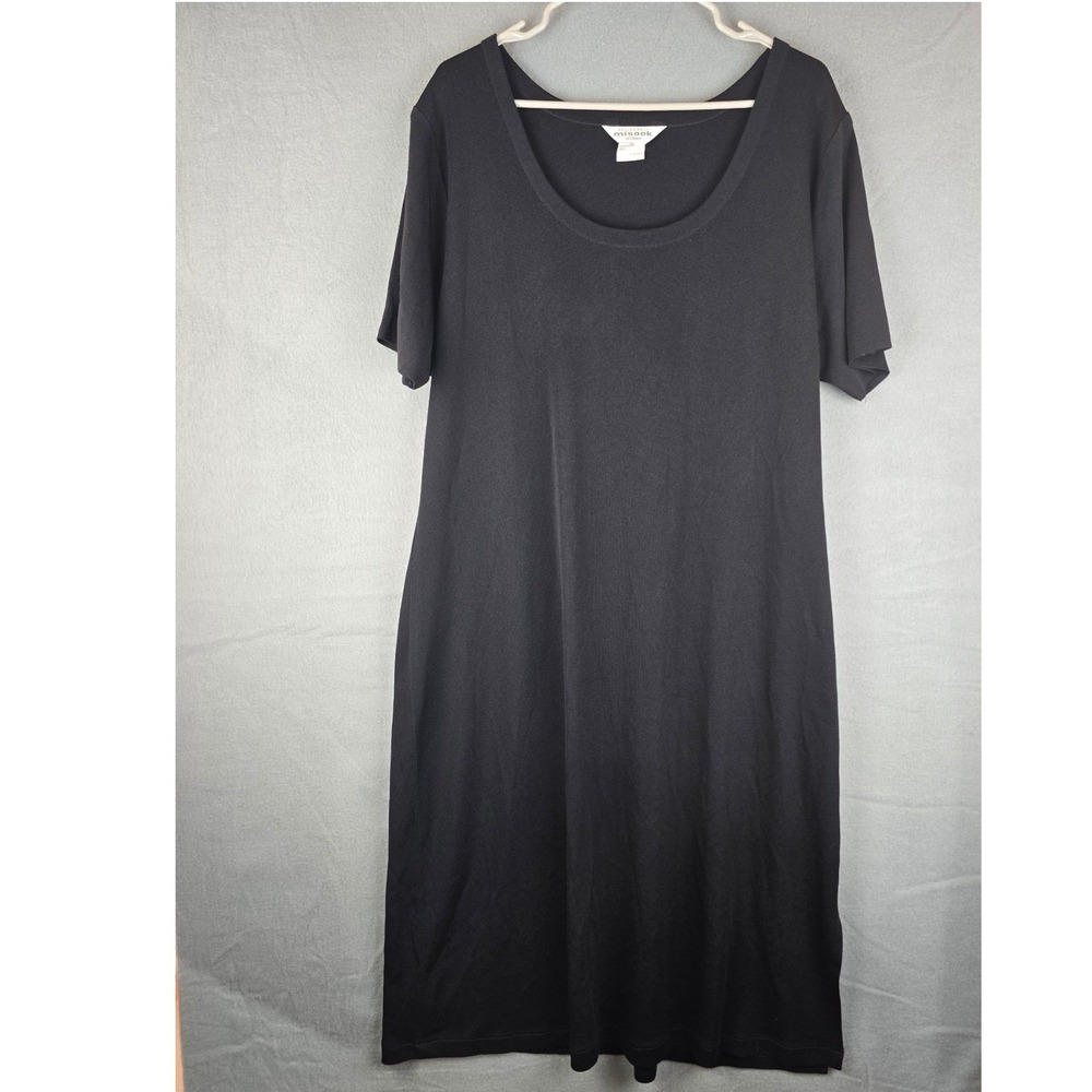 Misook Woman Dress Womens 3X Black Knit Scoop Neck Short Sleeve Midi Shift Dress